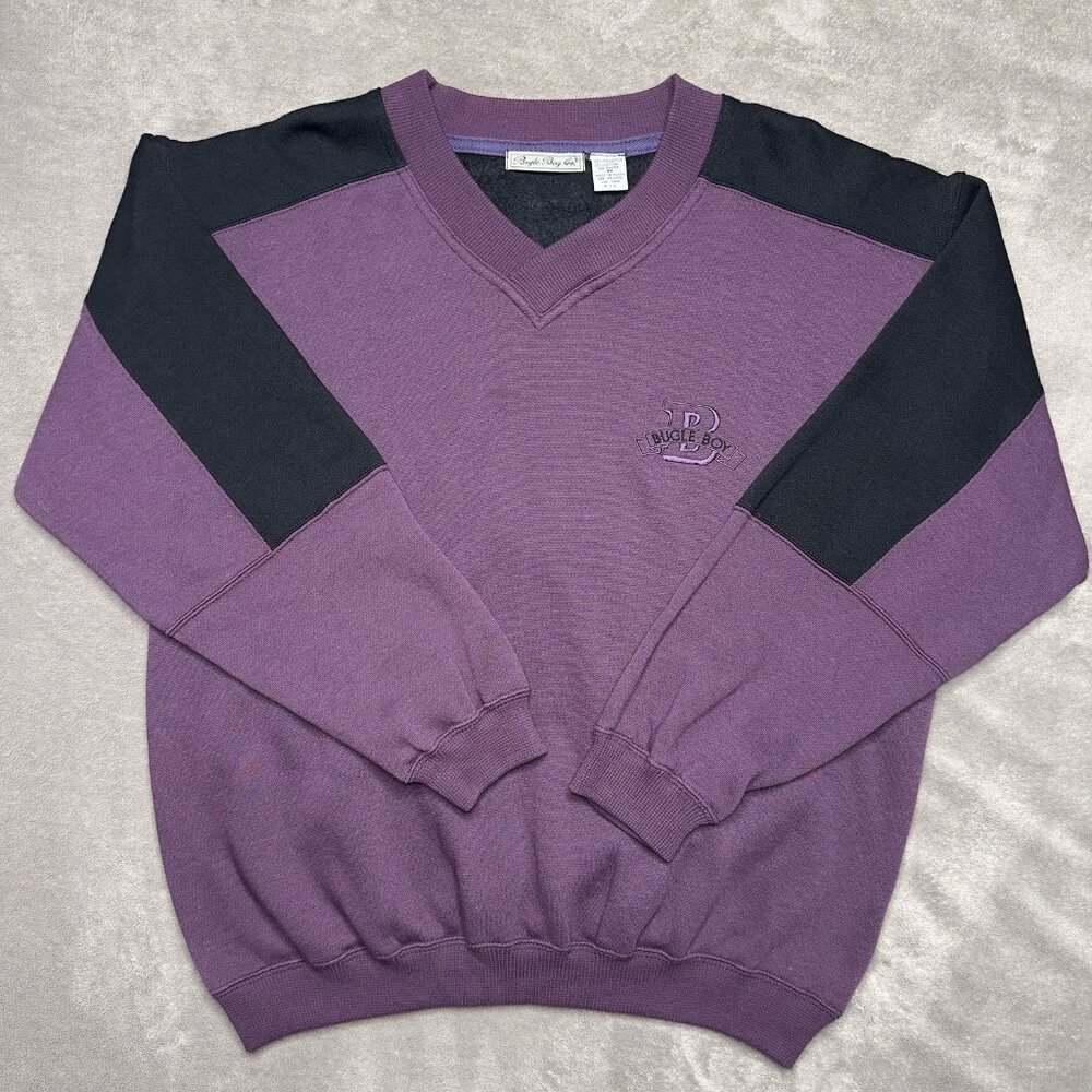 Vintage 80's Bugle Boy V-Neck Sweatshirt Mens M Purple Black Color Block Preppy